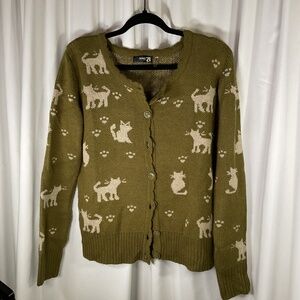 MAK B Cat Cardigan Sweater Green/Cream Women’s Large Ruffle Warm Winter Grandma